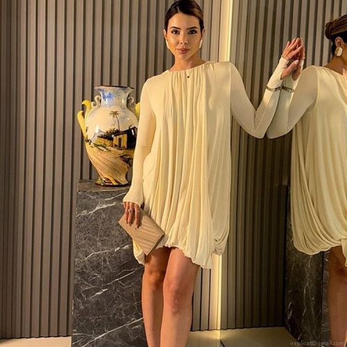 Women's Elegant Cape Style Pleated Mini Dress Loose Fit Round Neck Lantern Sleeve Cocktail Party Dress Luxury Celebrity Style Short Dress For Women Banquet Off White