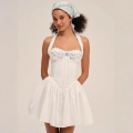 French Sweet White Halter Mini Dress Blue Floral Embroidery Backless Pleated A-Line Polyester Dress For Women Party Wedding Elegant Chic Summer Outfits