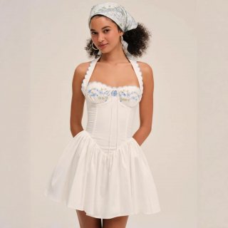 French Sweet White Halter Mini Dress Blue Floral Embroidery Backless Pleated A-Line Polyester Dress For Women Party Wedding Elegant Chic Summer Outfits
