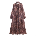 Vintage Paisley Print Maxi Dress Long Sleeve V Neck Ruffle Hem Polyester Chiffon Bohemian Vacation Loose Gown Women Elegant Summer Party Dress
