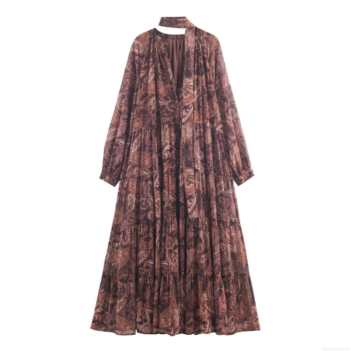 Vintage Paisley Print Maxi Dress Long Sleeve V Neck Ruffle Hem Polyester Chiffon Bohemian Vacation Loose Gown Women Elegant Summer Party Dress
