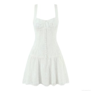 Elegant White Lace Mini Dress Slim Fit Sleeveless Cami Dress With Buttons Ruffle Hem For Women Party Banquet Daily Fashion