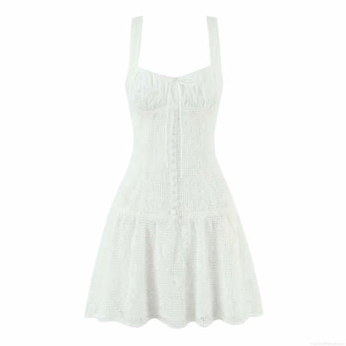 Elegant White Lace Mini Dress Slim Fit Sleeveless Cami Dress With Buttons Ruffle Hem For Women Party Banquet Daily Fashion