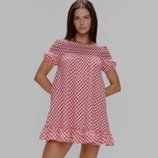 Women Off The Shoulder Gingham Mini Dress Polyester Plaid Ruffle Hem Shirred Bust Vacation A-Line Beach Short Dress Casual Summer Sexy Outfits