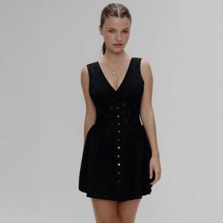 Women's Sexy Deep V-Neck Sleeveless Mini Dress Elegant Cotton Eyelet Embroidery Button Front A-Line Party Summer Dress Backless Short Dress