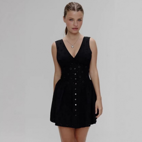 Women's Sexy Deep V-Neck Sleeveless Mini Dress Elegant Cotton Eyelet Embroidery Button Front A-Line Party Summer Dress Backless Short Dress