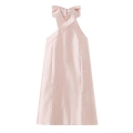 French Style Halter Mini Dress Pink Satin Backless Bodycon Dress With Bowknot Cross Straps Slim Fit Sexy Party Banquet Y2K Summer Women Dresses