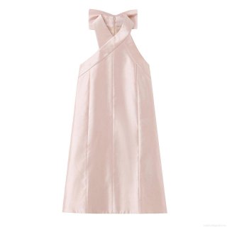 French Style Halter Mini Dress Pink Satin Backless Bodycon Dress With Bowknot Cross Straps Slim Fit Sexy Party Banquet Y2K Summer Women Dresses