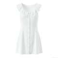 Women's Sleeveless Lace Trim Mini Dress Sweet Back Bow Tie A-Line Party Dress White Polyester Sexy Slim Fit Sundress for Women Lady
