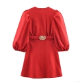 Women's Sexy Suede-Like Bodycon Mini Dress With Golden Flower Buckle Belt Puff Sleeve Crew Neck Solid Color Evening Party Short Dress