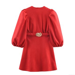 Women's Sexy Suede-Like Bodycon Mini Dress With Golden Flower Buckle Belt Puff Sleeve Crew Neck Solid Color Evening Party Short Dress