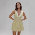 Women Vintage Yellow Polka Dot Sleeveless Mini Dress Polyester White Lace Embroidery V-Neck Button Down A-Line Tank Dress Elegant Summer Party Sexy Short Dress