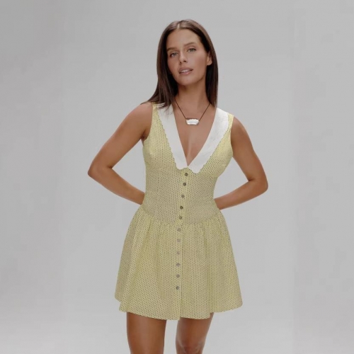 Women Vintage Yellow Polka Dot Sleeveless Mini Dress Polyester White Lace Embroidery V-Neck Button Down A-Line Tank Dress Elegant Summer Party Sexy Short Dress