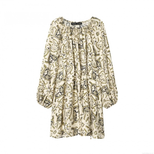 Women's Bohemian Floral Printed Polyester Blend Mini Dress Long Lantern Sleeve Drawstring Waist Vacation Party Dress