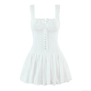 French Style White Cotton Embroidery Camisole Dress Bow Square Neck Mini Dress For Women Summer Daily Elegant Sleeveless A-Line Short Dress
