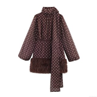 Women's Sexy Polka Dot Chiffon Dress With Faux Fur Hem Patchwork Tie Neck Lantern Long Sleeve Bodycon Mini Dress For Party Elegant Brown Dress