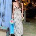Women's Vintage Polka Dot Maxi Dress Lace Trim Backless V-Neck Slim Fit Slip Dress For Summer Party Evening Elegant Long Dress