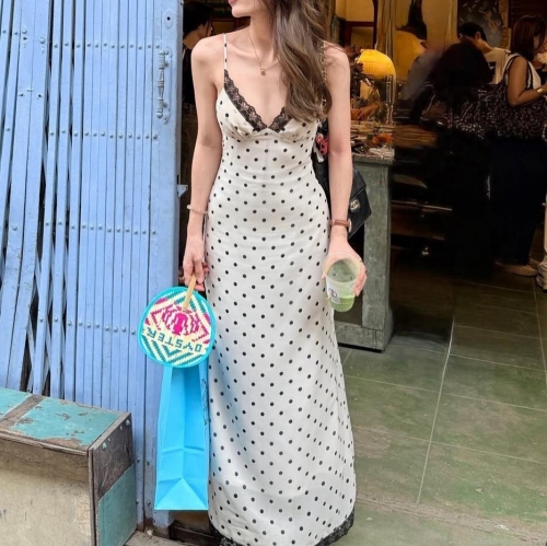 Women's Vintage Polka Dot Maxi Dress Lace Trim Backless V-Neck Slim Fit Slip Dress For Summer Party Evening Elegant Long Dress