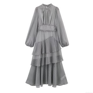 French Retro Polka Dot Chiffon Tiered Cake Midi Dress With Lantern Sleeve Stand Collar Elegant Ruffle Banquet Party Women's Long Sleeve Dress