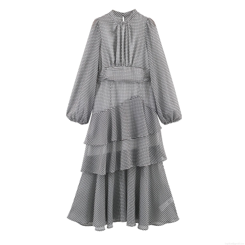 French Retro Polka Dot Chiffon Tiered Cake Midi Dress With Lantern Sleeve Stand Collar Elegant Ruffle Banquet Party Women's Long Sleeve Dress