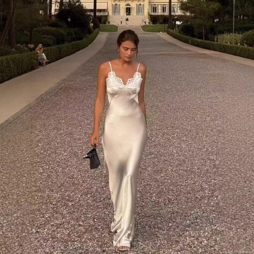 Women's Sexy Lace Satin Maxi Dress Backless Spaghetti Strap Silk-like Slim Fit Evening Party Long Slip Dress