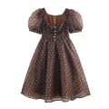 Women Vintage Polka Dot Organza Dress Elegant Square Neck Puff Sleeve Midi Dress Brown Party Banquet Sexy A-Line Dress With Pearl Buttons
