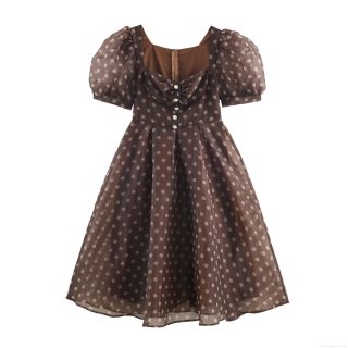 Women Vintage Polka Dot Organza Dress Elegant Square Neck Puff Sleeve Midi Dress Brown Party Banquet Sexy A-Line Dress With Pearl Buttons