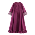 Women's Maxi Dress Bohemian Resort Style Long Sleeve Polyester Embroidered Round Neck Ruffle Hem Loose Fit Vacation Beach Purple Dress
