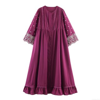 Women's Maxi Dress Bohemian Resort Style Long Sleeve Polyester Embroidered Round Neck Ruffle Hem Loose Fit Vacation Beach Purple Dress