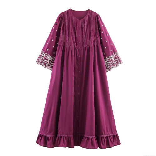 Women's Maxi Dress Bohemian Resort Style Long Sleeve Polyester Embroidered Round Neck Ruffle Hem Loose Fit Vacation Beach Purple Dress
