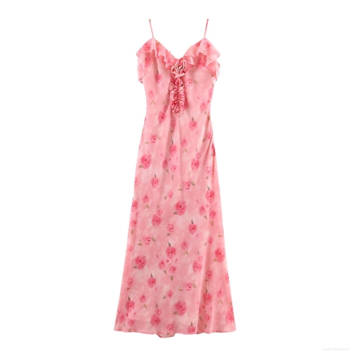 Women's Rose Floral Print Maxi Dress Sexy Spaghetti Strap Ruffle Trim With 3D Flower Slim Fit Chiffon Long Dress For Summer Party Vacation Daily Wear