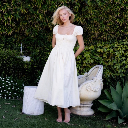 French Rural Style Square Neck Puff Sleeve Midi Dress Elegant Smocked Waist Backless Lace-up A-line Cotton Dress For Women Vacation Daily Wear