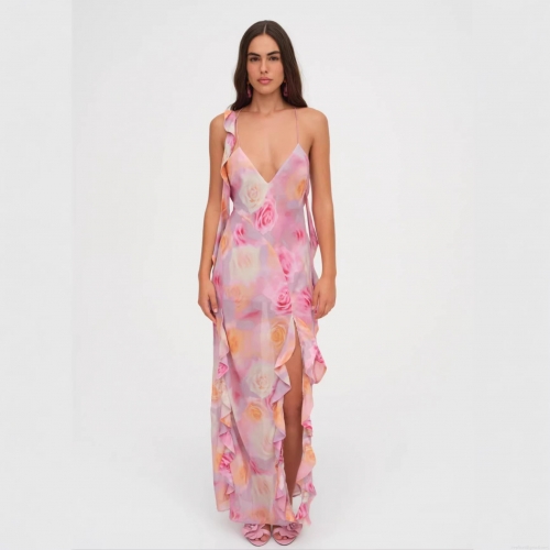 Women's Sexy Elegant Rose Floral Print Maxi Dress Sleeveless Backless Ruffle Trim Side Slit Camisole Bodycon Dress For Vacation Party Date Night