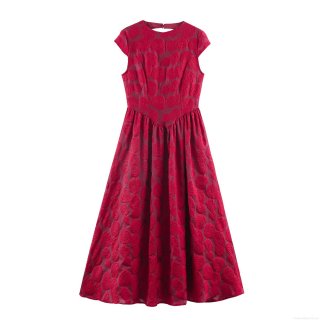 Elegant Women Backless Rose Jacquard Maxi Dress Sexy Sleeveless Round Neck High Waist A-Line Wine Red Evening Party Dress For Wedding Guest