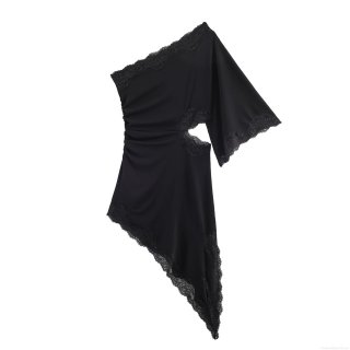 Women Sexy One Shoulder Lace Trim Cut Out Midi Dress Ruched Asymmetrical Hem Bodycon Party Dress Elegant Sleeveless Polyester Evening Gown For Ladies