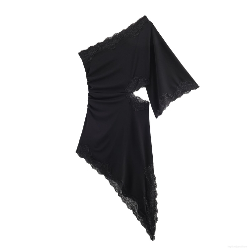 Women Sexy One Shoulder Lace Trim Cut Out Midi Dress Ruched Asymmetrical Hem Bodycon Party Dress Elegant Sleeveless Polyester Evening Gown For Ladies