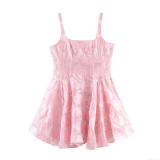 Women's Sweet Pink Rose Jacquard Camisole Mini Dress Elegant Floral Embroidery High Waist A-Line Party Cocktail Sundress
