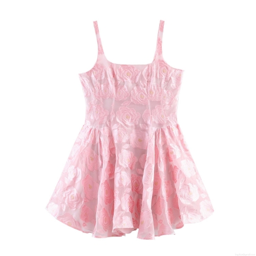Women's Sweet Pink Rose Jacquard Camisole Mini Dress Elegant Floral Embroidery High Waist A-Line Party Cocktail Sundress