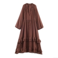Women's Bohemian Solid Dark Brown Chiffon Maxi Dress Elegant V-Neck Lantern Sleeve Tiered Ruffle Hem Long Swing Dress For Party Socialite Event