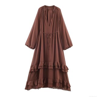 Women's Bohemian Solid Dark Brown Chiffon Maxi Dress Elegant V-Neck Lantern Sleeve Tiered Ruffle Hem Long Swing Dress For Party Socialite Event