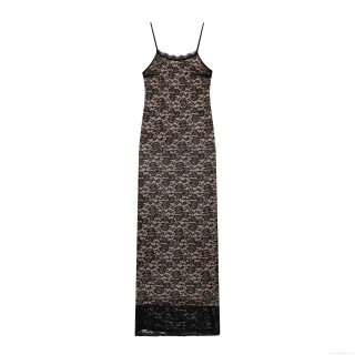 Sexy Women Black Lace Cami Maxi Dress With Nude Lining Bodycon Sequin Long Dress For Party Banquet Elegant Evening Gown
