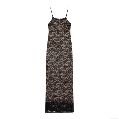 Sexy Women Black Lace Cami Maxi Dress With Nude Lining Bodycon Sequin Long Dress For Party Banquet Elegant Evening Gown