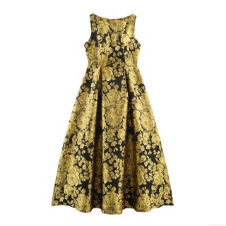 Elegant Retro Jacquard Floral Sleeveless Maxi Dress For Women High Waist Brocade Evening Party Ball Gown Dress Black Gold Floral Print Long Dress