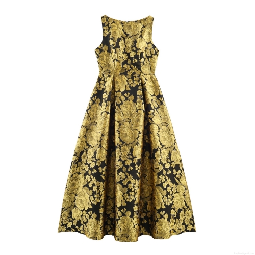 Elegant Retro Jacquard Floral Sleeveless Maxi Dress For Women High Waist Brocade Evening Party Ball Gown Dress Black Gold Floral Print Long Dress