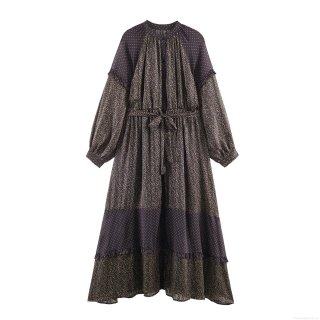 Women Bohemian Polka Dot Maxi Dress Elegant Long Sleeve Ruffled Swing Dress With Waist Tie Polyester Metallic Dot Long Dress For Banquet Party