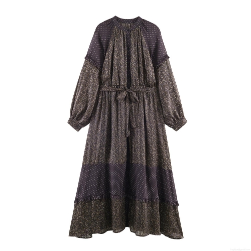 Women Bohemian Polka Dot Maxi Dress Elegant Long Sleeve Ruffled Swing Dress With Waist Tie Polyester Metallic Dot Long Dress For Banquet Party