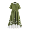 French Elegant Floral Print Shirt Collar Maxi Dress With Belt Green White Gradient Short Sleeve Polyester A-Line Long Dress For Women Summer Vacation Party Casual Wear