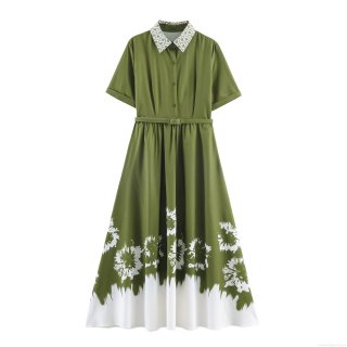 French Elegant Floral Print Shirt Collar Maxi Dress With Belt Green White Gradient Short Sleeve Polyester A-Line Long Dress For Women Summer Vacation Party Casual Wear