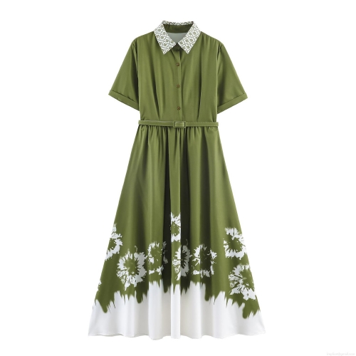 French Elegant Floral Print Shirt Collar Maxi Dress With Belt Green White Gradient Short Sleeve Polyester A-Line Long Dress For Women Summer Vacation Party Casual Wear