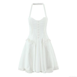 Women French Halter Mini Dress Cotton Polyester Blend Single Breasted Pleated Hem Dress For Summer Party Banquet Sexy Corset Style High Waist Elegant Dress